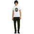 Male model wearing white Geisha Girl Japanese graphic tee with colorful geisha artwork.