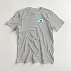 Grey men's crew neck t-shirt featuring a colorful circular Urban Palm Trees graphic on the left chest.