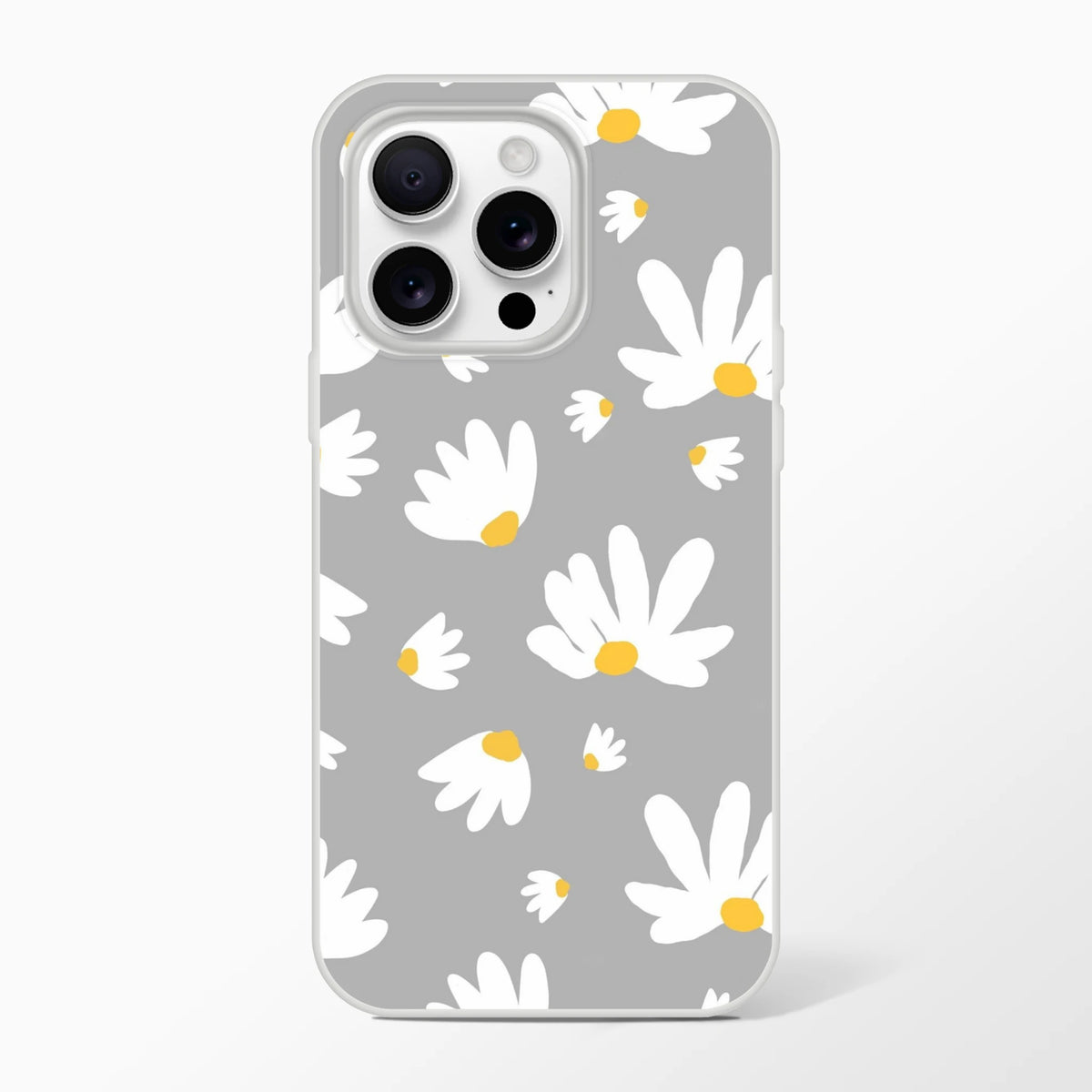 Ditsy Daisy iPhone case in gray with white daisies and yellow centers for iPhone 13-16.