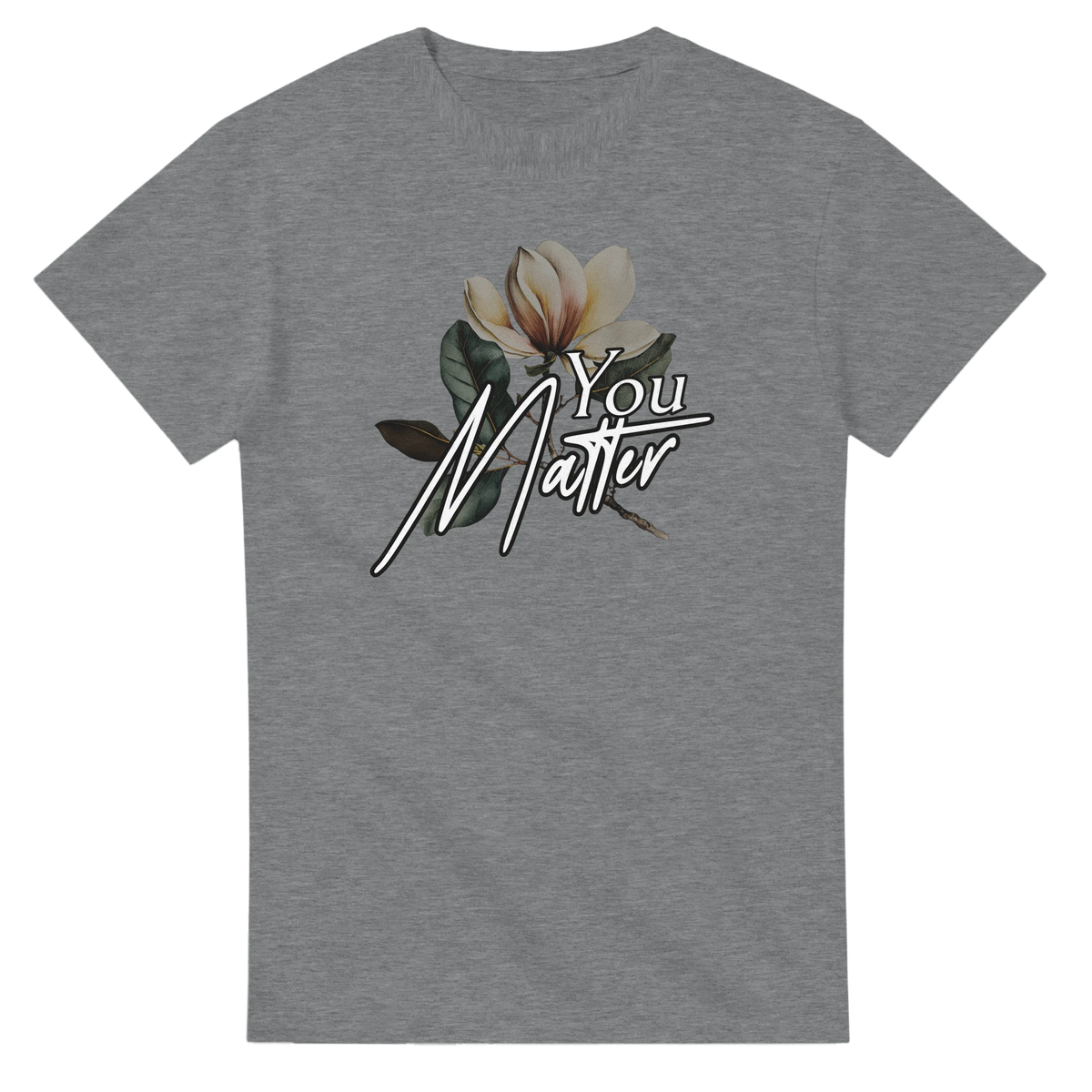 Gray heather women's graphic tee with You Matter slogan and magnolia blossom design