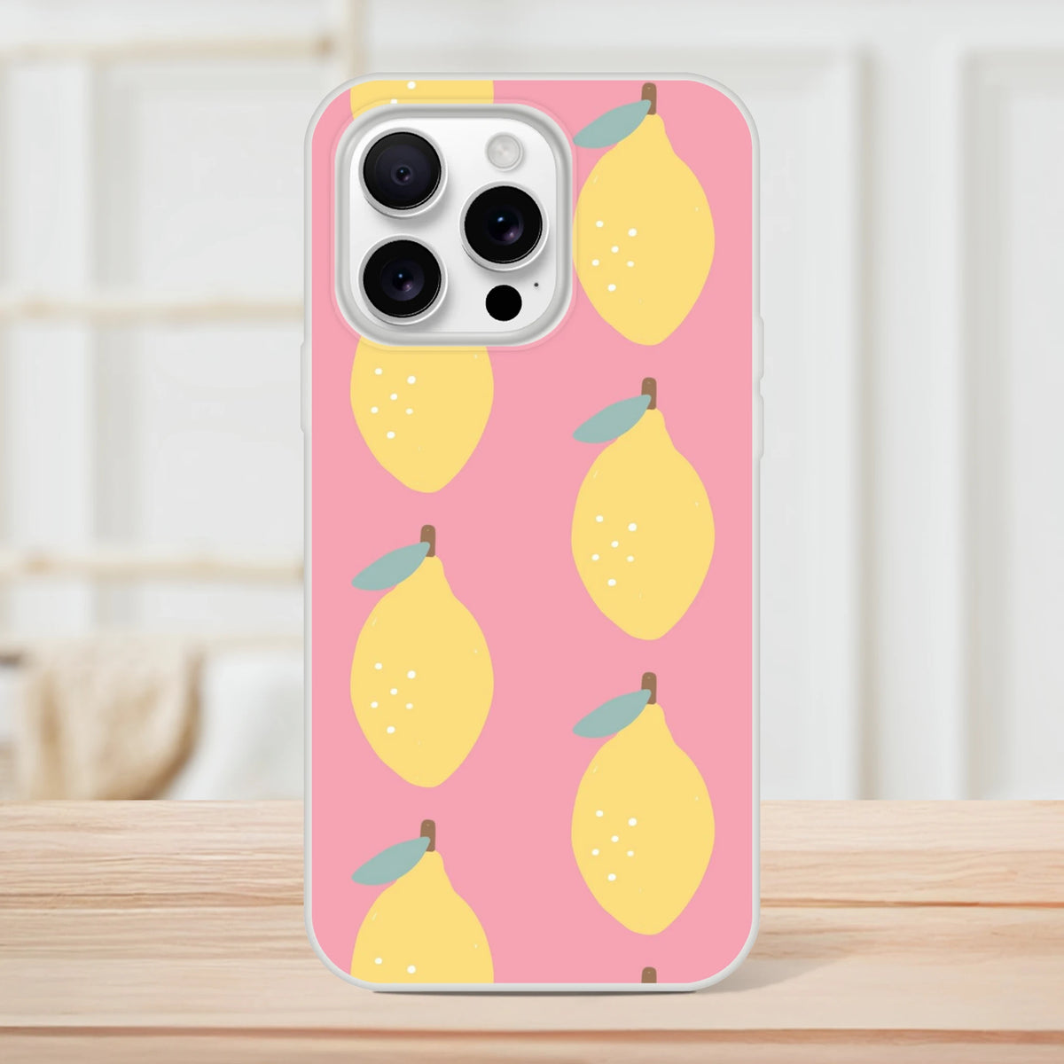 Pink lemon-pattern iPhone case for iPhone 13-16 with frosty clear texture and flexible protection