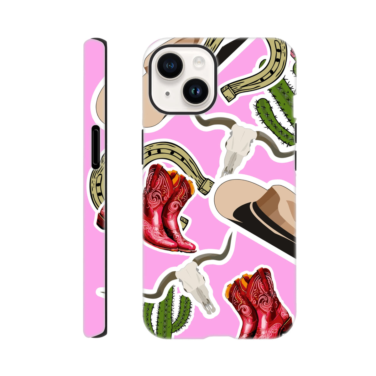 Pink Western iPhone case featuring red cowboy boots, cactus, horseshoe, and bull skull desert motifs on a pink background for drop resistance.