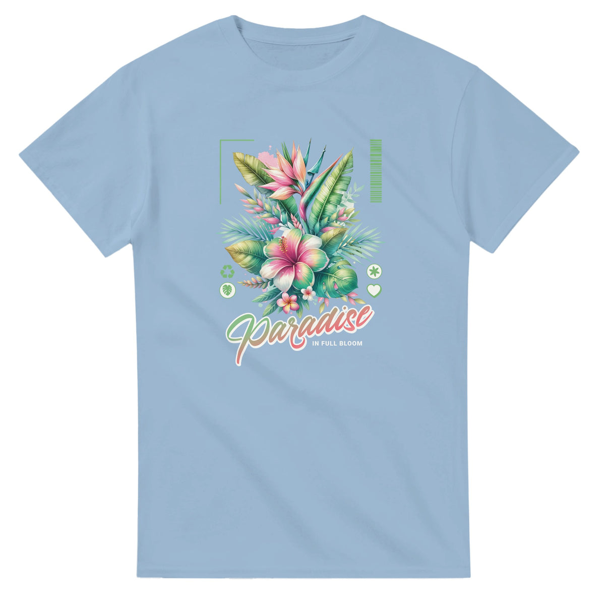 Women's Paradise graphic tee with tropical flowers and palm leaves on light blue cotton blend, Paradise in full bloom.