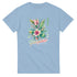 Women's Paradise graphic tee with tropical flowers and palm leaves on light blue cotton blend, Paradise in full bloom.