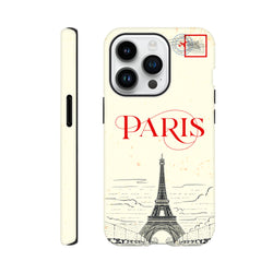 Vintage-style Paris iPhone case featuring red script text, an Eiffel Tower sketch, and a travel stamp graphic for rugged protection.