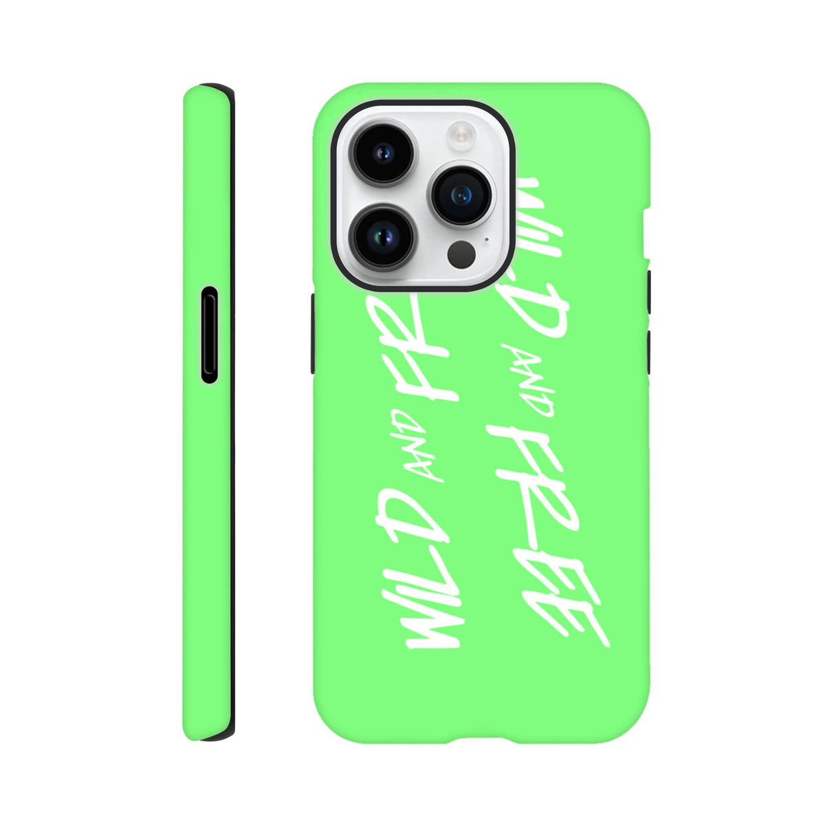 Bright green iPhone case featuring white "Wild and Free" script text. Y2K aesthetic tough phone cover with shock-absorbing shell for iPhone 13-16.
