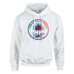 White hoodie with a colorful circular palm tree graphic and Urban Palm Trees logo.