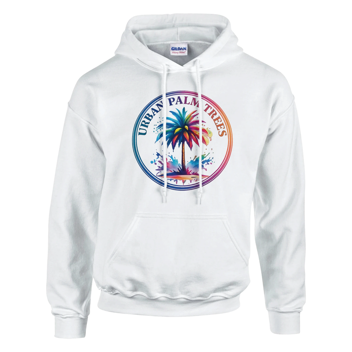 White hoodie with a colorful circular palm tree graphic and Urban Palm Trees logo.
