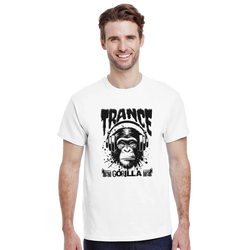 Man wears white T-shirt featuring a black gorilla DJ graphic with headphones and the word TRANCE.