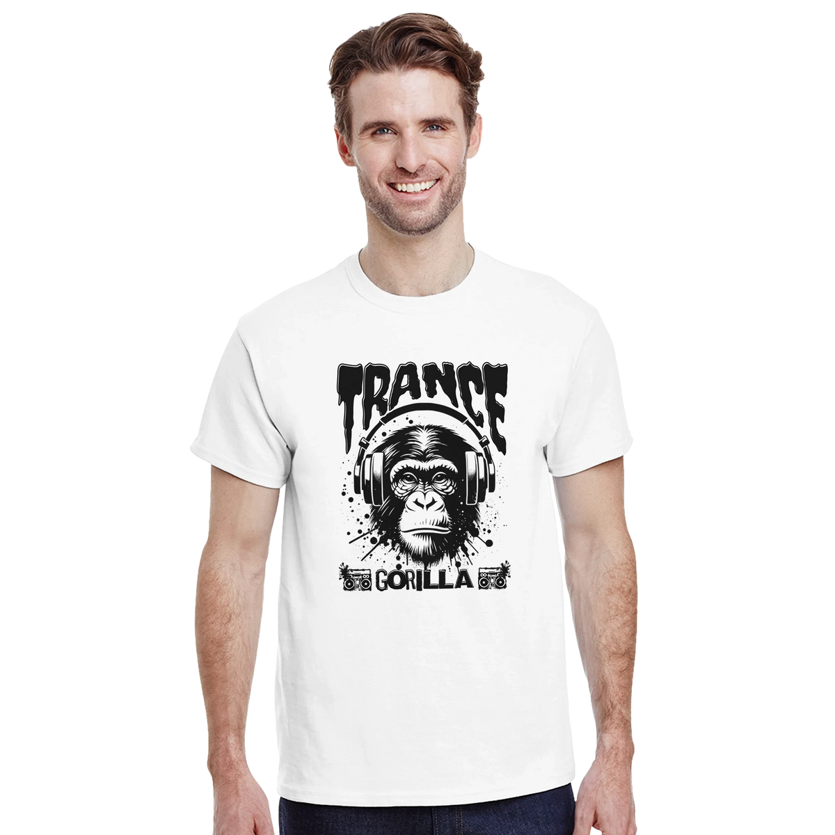 Man wears white T-shirt featuring a black gorilla DJ graphic with headphones and the word TRANCE.