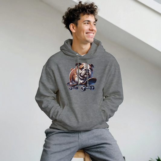 Man in gray cotton-blend hoodie featuring a skateboarding bulldog graphic on the front.