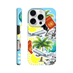 Travel sticker tough iPhone case featuring palm trees, airplanes, passports, and compass graphics for bold island vibes.