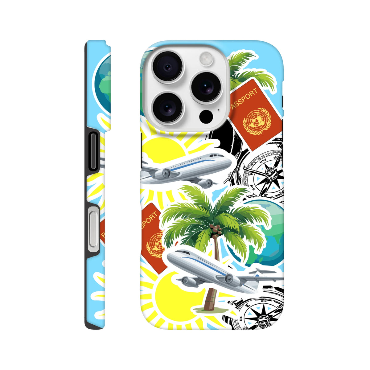 Travel sticker tough iPhone case featuring palm trees, airplanes, passports, and compass graphics for bold island vibes.