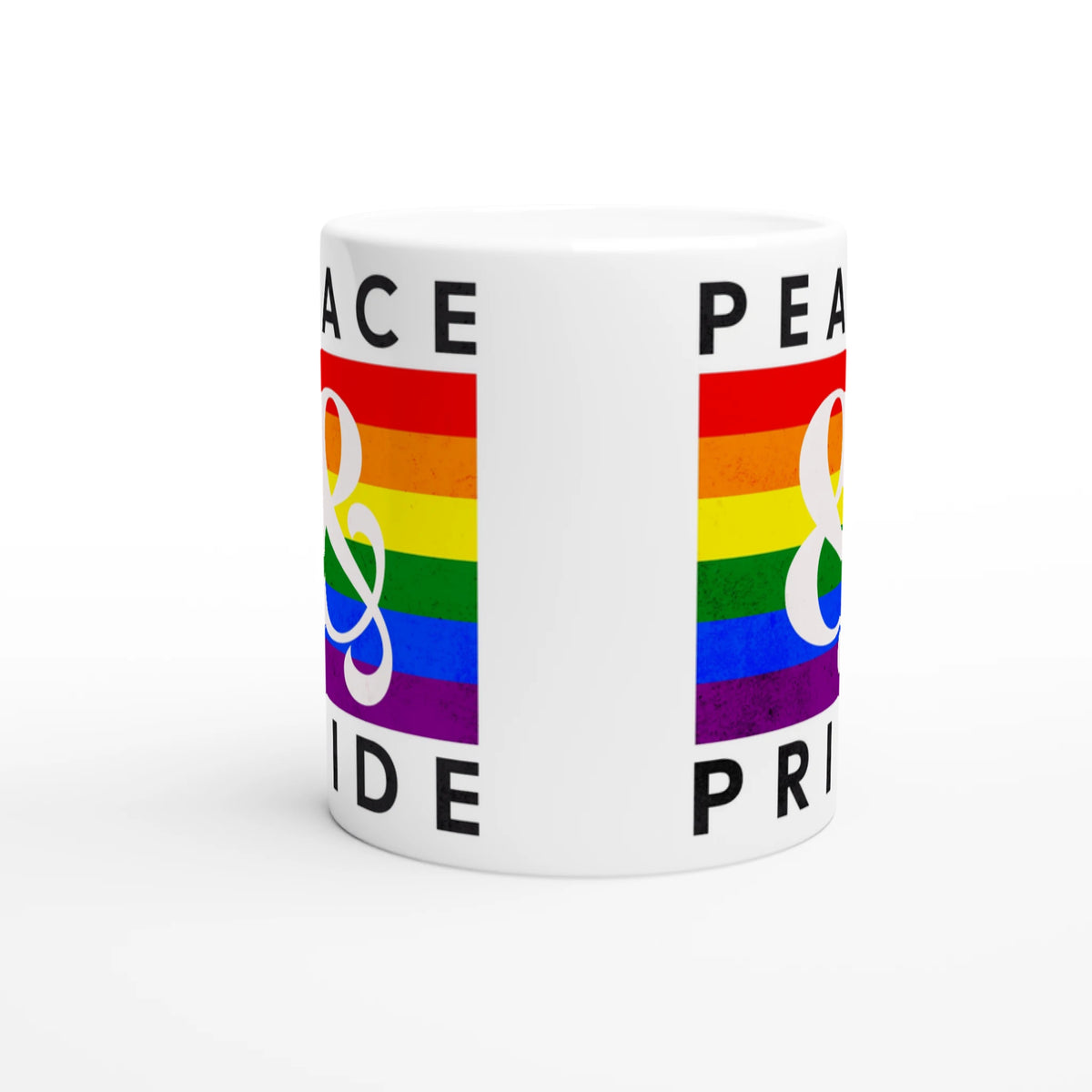 Gay Pride mug with rainbow stripes on a white ceramic cup.
