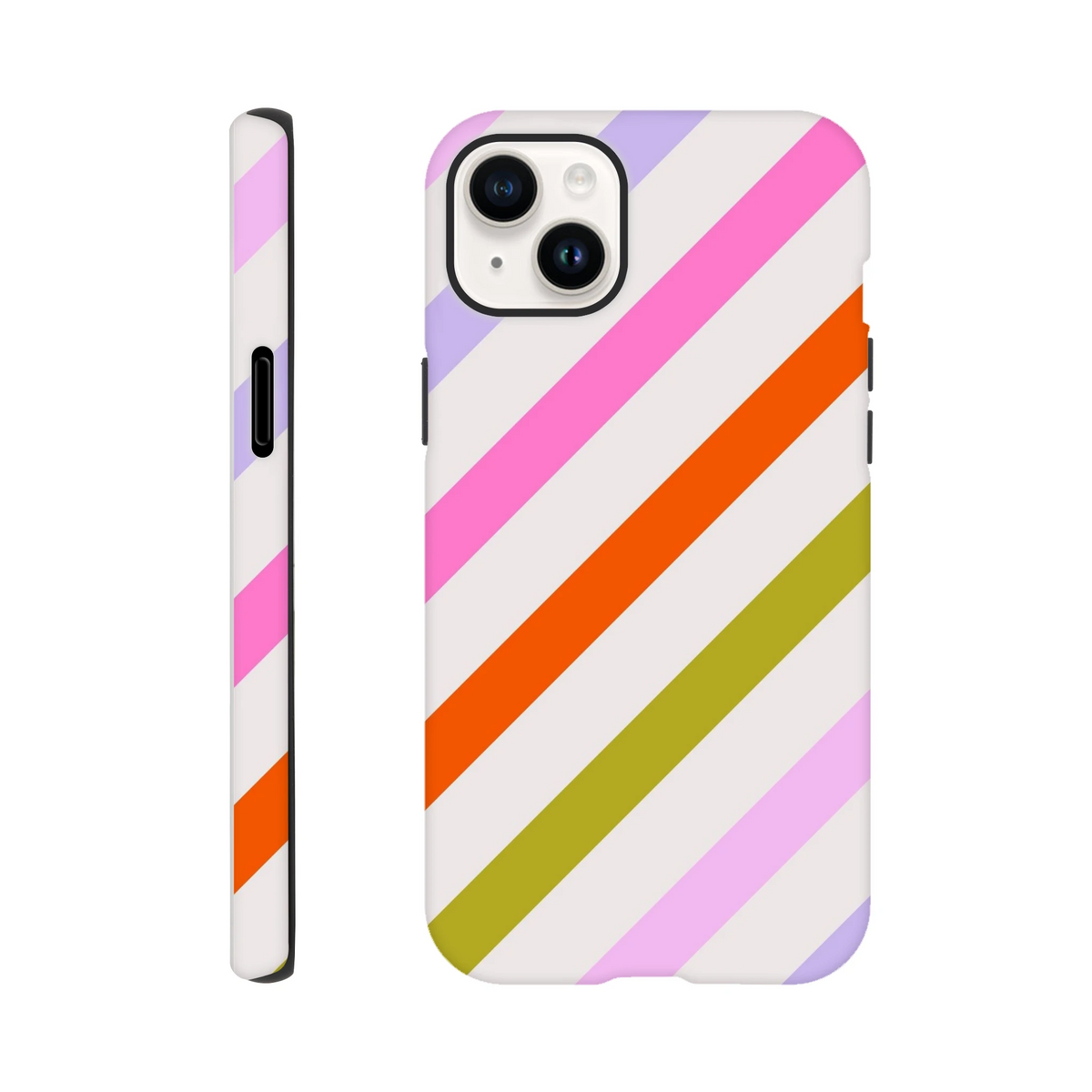 Retro colorful diagonal stripe tough iPhone case with shock-absorbing TPU protection for drops and scratches.