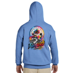 Blue Full Send car hoodie back featuring Urban Palm Trees graphic with tire track road and vibrant sunset design.