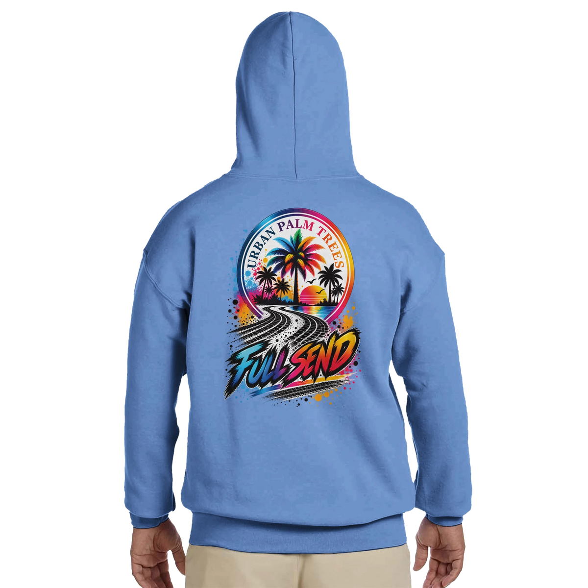 Blue Full Send car hoodie back featuring Urban Palm Trees graphic with tire track road and vibrant sunset design.