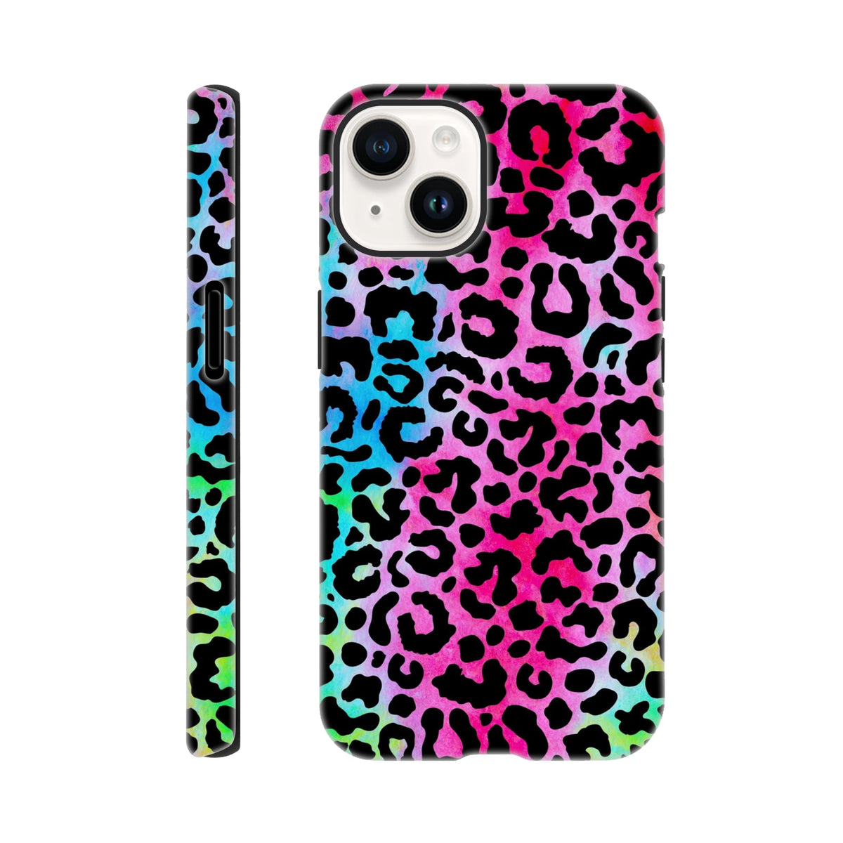 Vibrant rainbow leopard print tough iPhone case offering drop protection and wireless charging access for models 13-16.