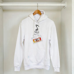 Retro cassette tape hoodie with vintage music graphic on white pullover, hanging on a wooden hanger in a closet
