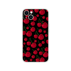 Red retro cherry pattern iPhone case on black background. Slim matte TPU phone cover with shock absorption for iPhone 13-16 series.
