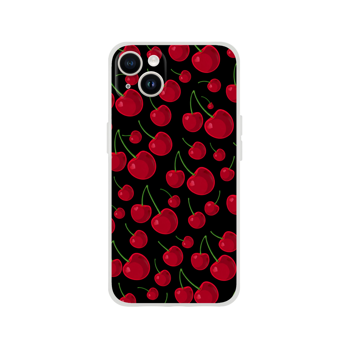 Red retro cherry pattern iPhone case on black background. Slim matte TPU phone cover with shock absorption for iPhone 13-16 series.
