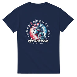 Navy USA Independence Day graphic tee featuring Statue of Liberty and America text, soft cotton blend.