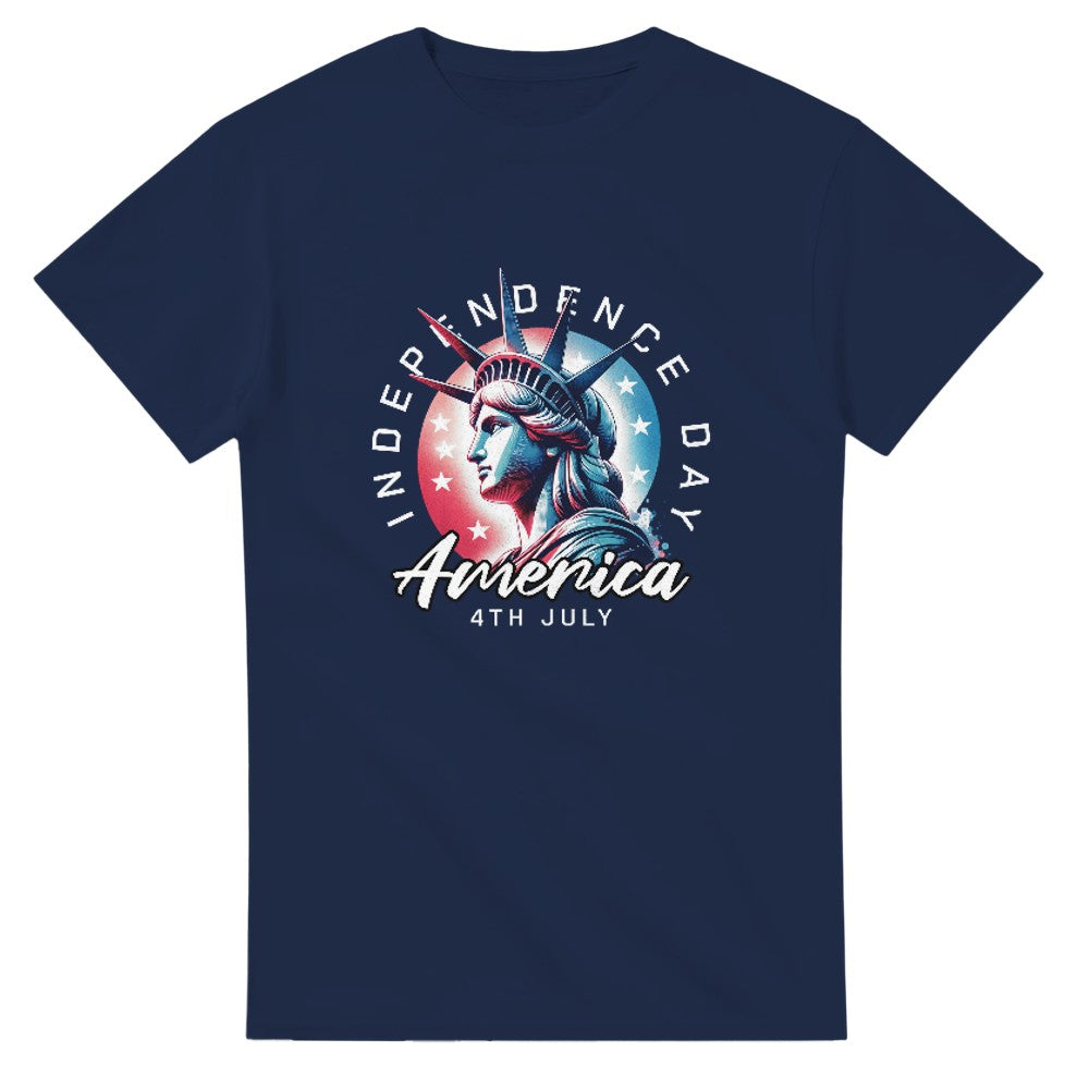 Navy USA Independence Day graphic tee featuring Statue of Liberty and America text, soft cotton blend.