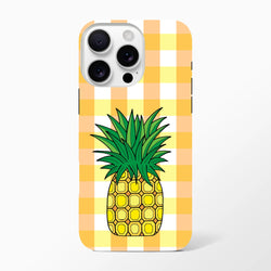 Yellow and peach gingham iPhone case featuring a large tropical pineapple illustration for drop protection and cute street style.