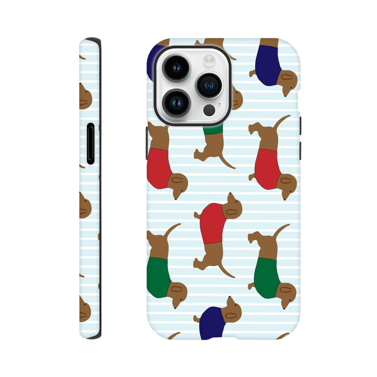 Cute dachshund phone case with colorful sausage dogs on light blue stripes. Tough protective cover for iPhone 13-16.