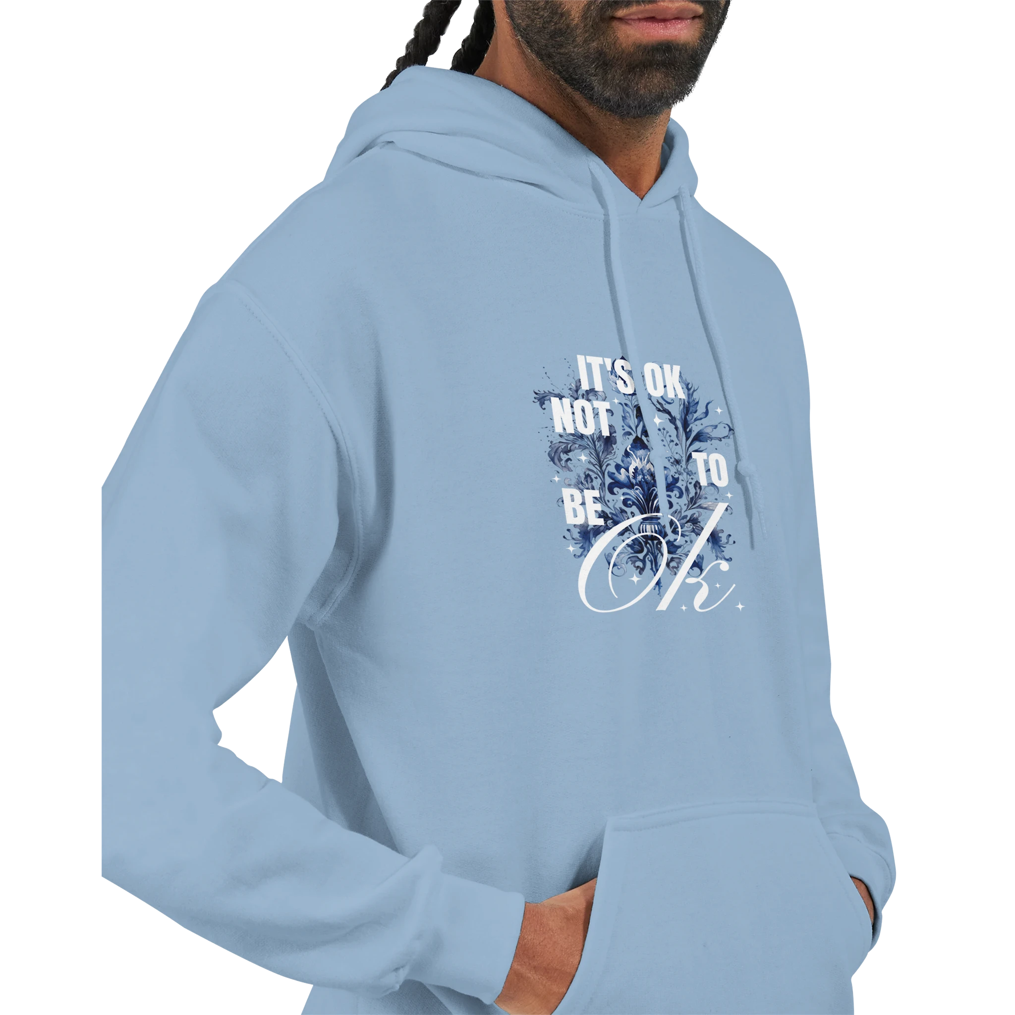 Light blue cotton-blend hoodie with 'It's OK Not To Be OK' slogan, front pouch pocket, drawstring hood.