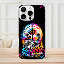 Full Send iPhone case featuring colorful Urban Palm Trees artwork, tire track road design, and vibrant paint splatter on black background.