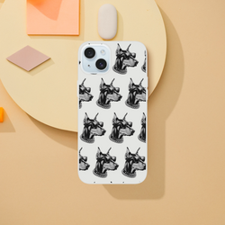 Clear iPhone case (13-16) with a repeating gangster Doberman head pattern in black and white.