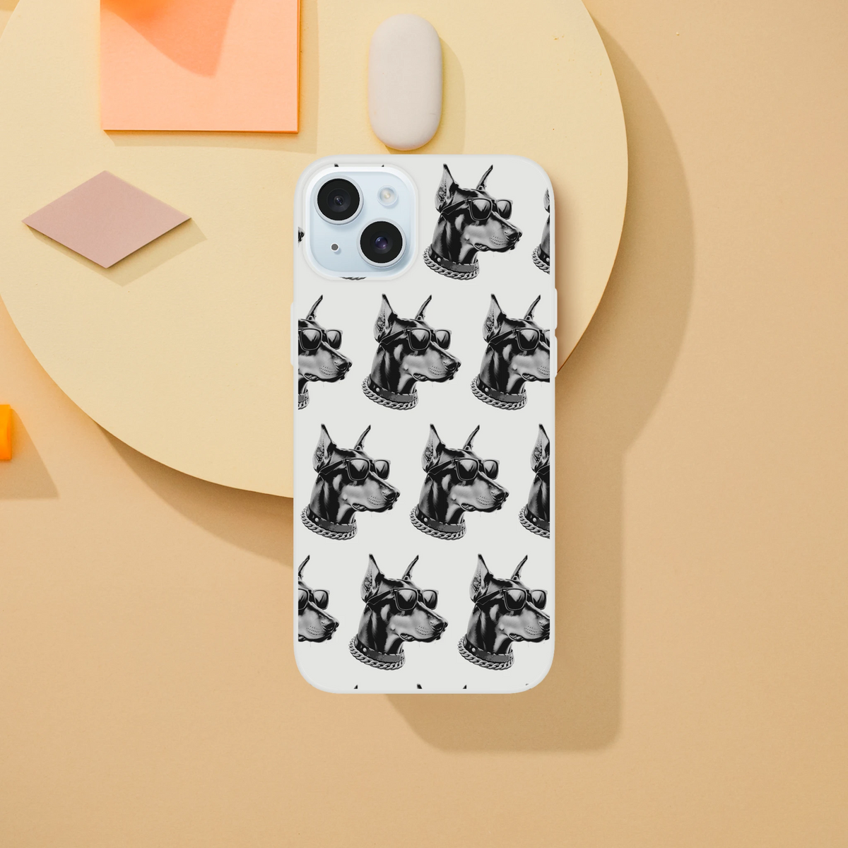 Clear iPhone case (13-16) with a repeating gangster Doberman head pattern in black and white.