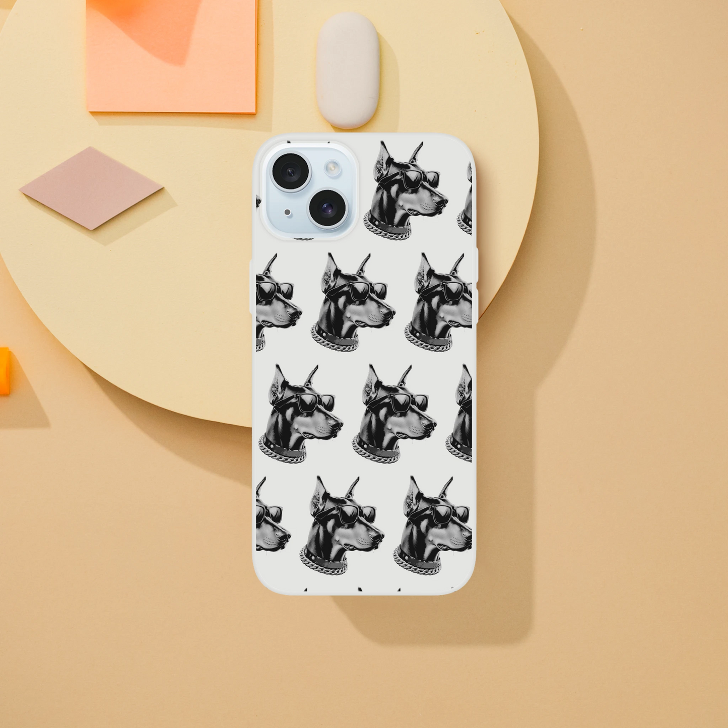Clear iPhone case (13-16) with a repeating gangster Doberman head pattern in black and white.