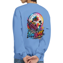 Blue sweatshirt back featuring colorful Low Life graphic with shock absorber, palm trees, and Urban Palm Trees text for modified car culture.
