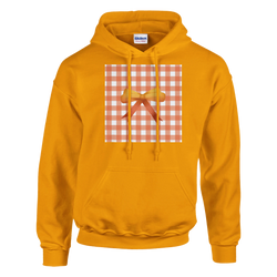 Orange pullover hoodie featuring a gingham square graphic with a bow, capturing a cute coquette aesthetic for women's streetwear.