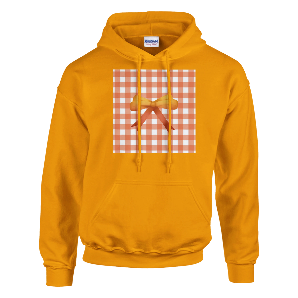 Orange pullover hoodie featuring a gingham square graphic with a bow, capturing a cute coquette aesthetic for women's streetwear.
