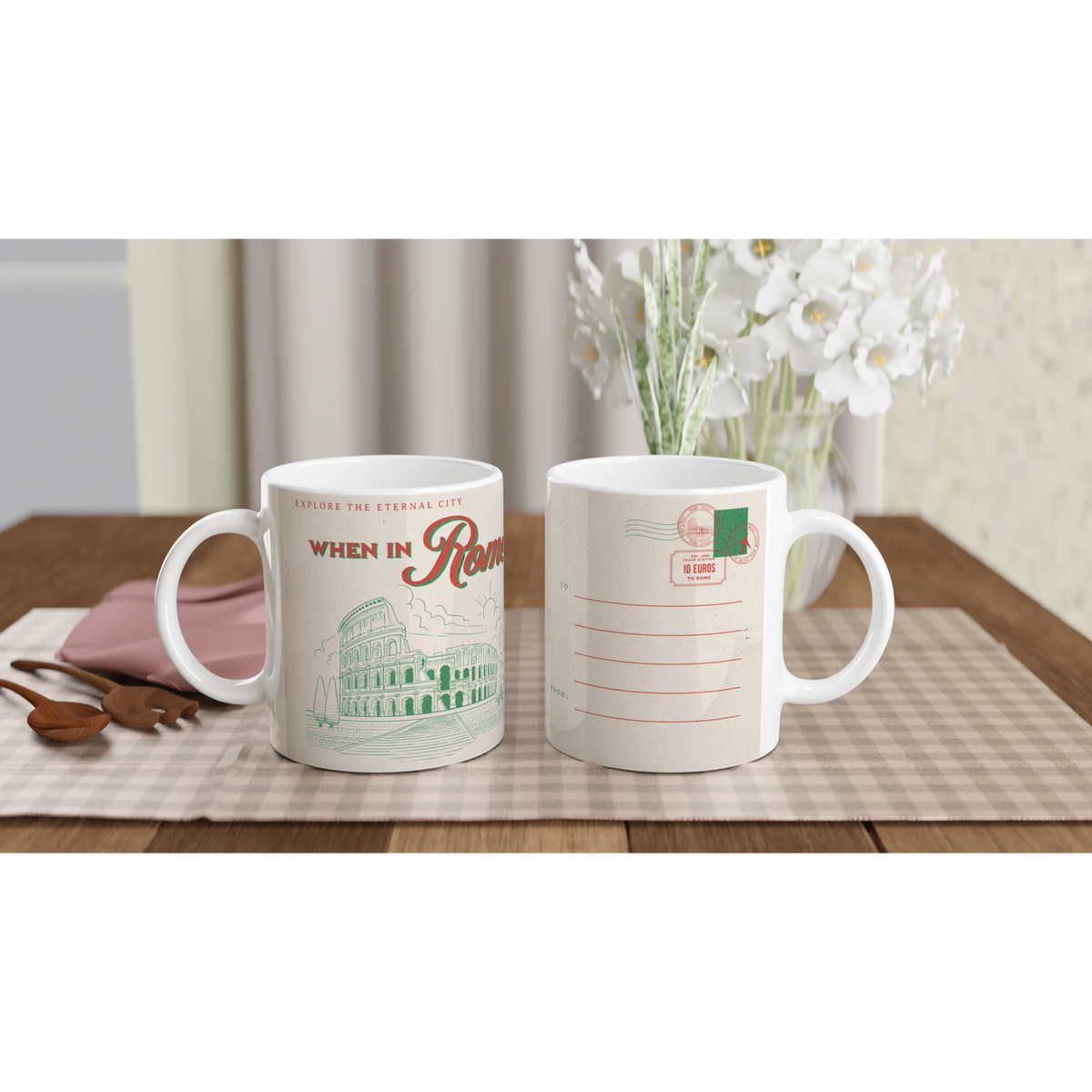Vintage Rome mug with retro postcard designs, featuring the Colosseum and Roman stamps on a checkered table.