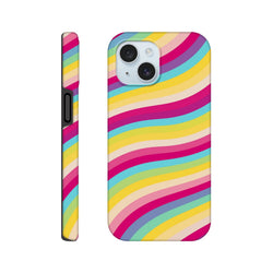 Vibrant retro wave striped iPhone case featuring bold rainbow colors and durable TPU shock absorption for daily protection.