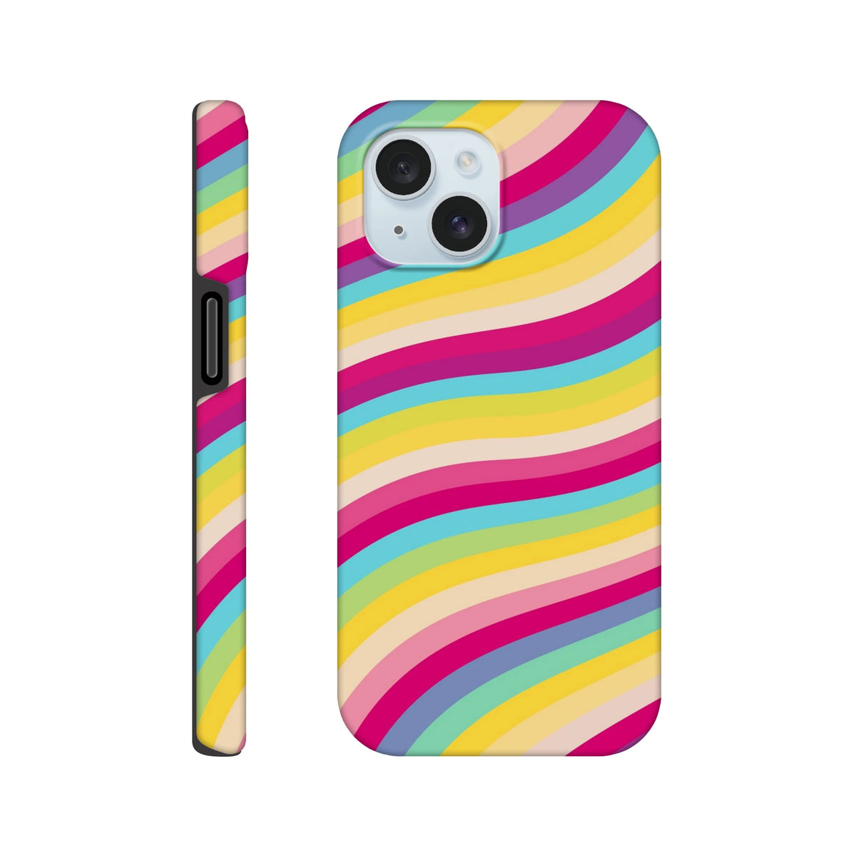 Vibrant retro wave striped iPhone case featuring bold rainbow colors and durable TPU shock absorption for daily protection.