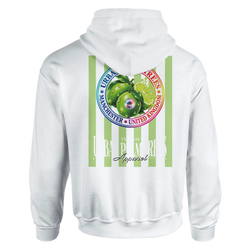 White hoodie back featuring retro lime graphic print with green stripes, Urban Palm Trees text, and Manchester branding.