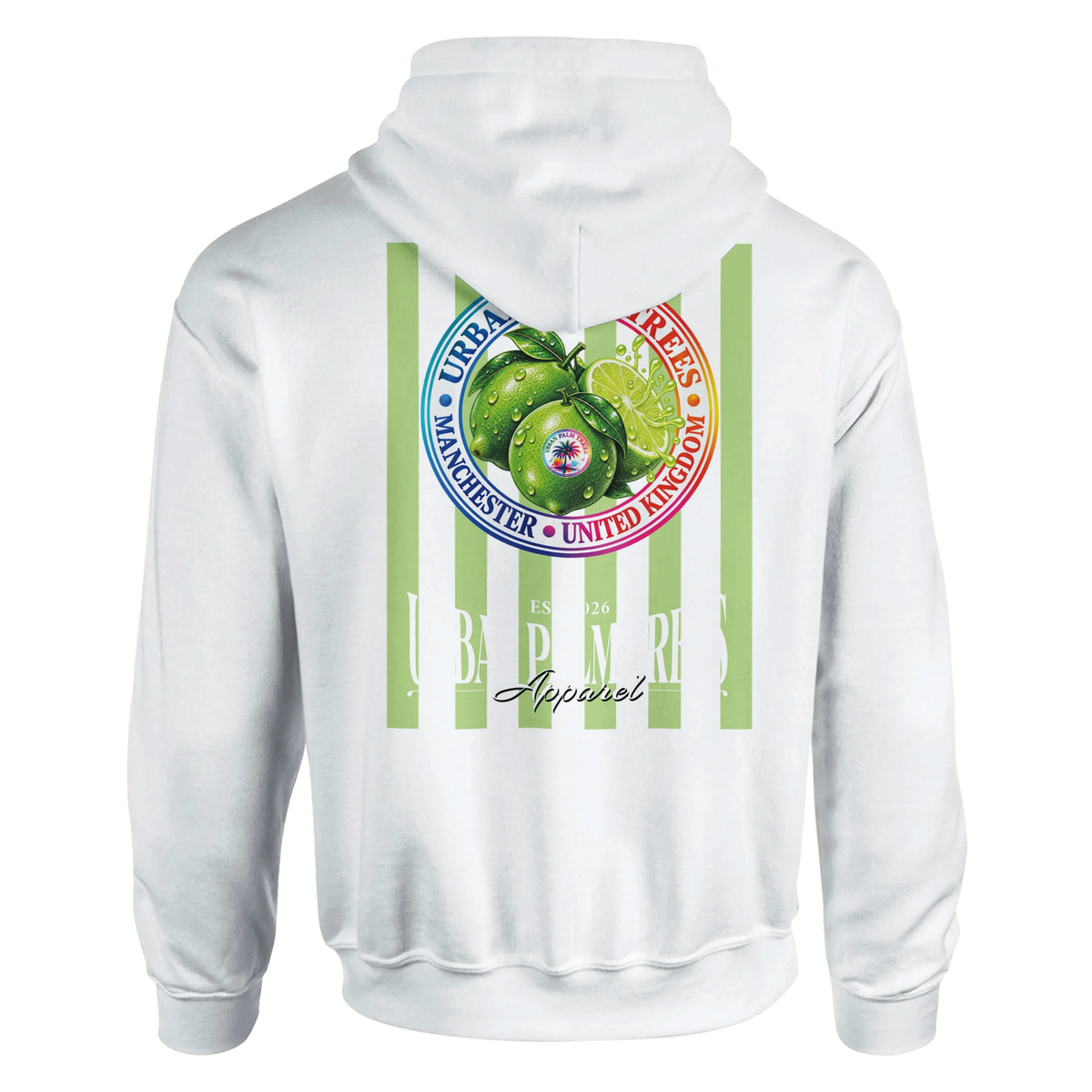 White hoodie back featuring retro lime graphic print with green stripes, Urban Palm Trees text, and Manchester branding.