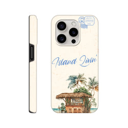 Island Beach Bar iPhone case (13-16) with tropical beach hut, palm trees, and bar scene illustration.