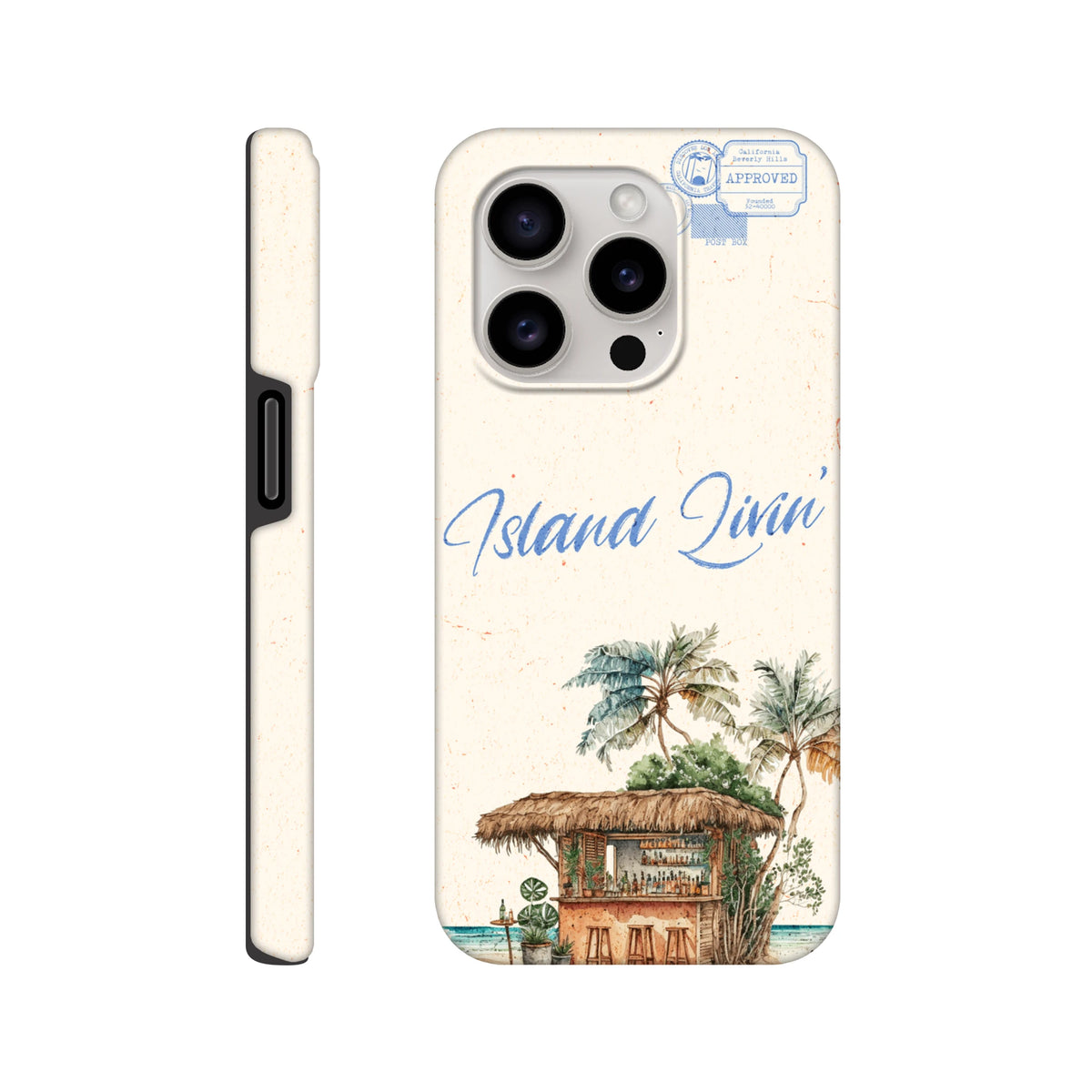Island Beach Bar iPhone case (13-16) with tropical beach hut, palm trees, and bar scene illustration.