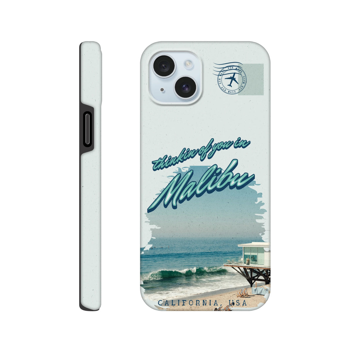 Vintage Malibu California beach iPhone case with "thinkin of you" script, ocean view, and air mail stamp graphic for tough protection.