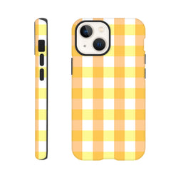 Retro yellow gingham checkered tough iPhone case with protective black bumper and wraparound grid pattern for secure everyday carry.