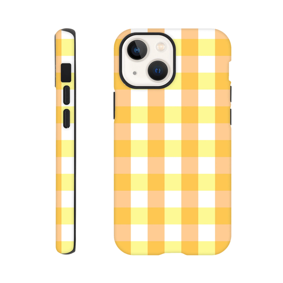 Retro yellow gingham checkered tough iPhone case with protective black bumper and wraparound grid pattern for secure everyday carry.