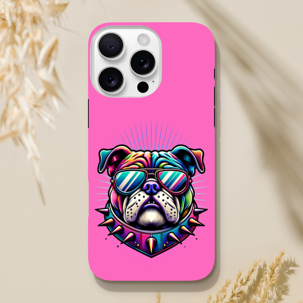 Pink iPhone case for 13-16 with bold retro bulldog print and sunglasses, shock-absorbing protection.