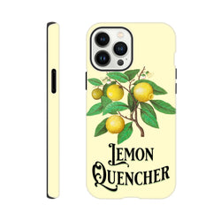 Vintage cream iPhone case featuring a retro botanical lemon branch illustration and elegant "Lemon Quencher" typography.