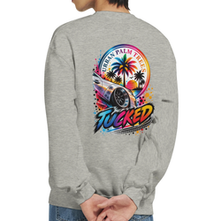 Grey sweatshirt back featuring colorful "Tucked" modified car graphic with palm trees and Urban Palm Trees text.